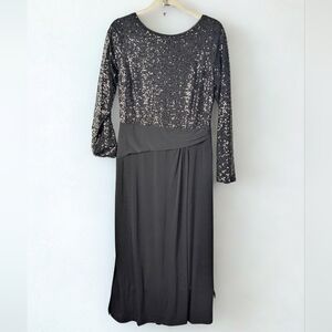 NWT Venus Black Round Neck Sequin Jersey Long Sleeve Evening  Dress 12